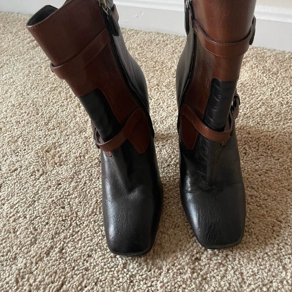 Prada brown and black leather ankle buckle design booties - Picture 2 of 5